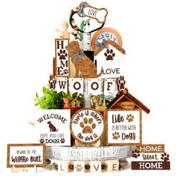 Mifoci 16 Pcs Dog Tiered Tray Decor Cute Dog Signs Home Decor Wooden Woof Decorative Trays Farmhouse Vintage Sweet Home Wooden Sign for Winter Kitchen Coffee Bar Decoration