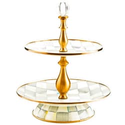 MACKENZIE-CHILDS Enamel Two-Tier Sweet Stand, Two-Tiered Serving Tray for Dessert, Gray-and-White Sterling Check