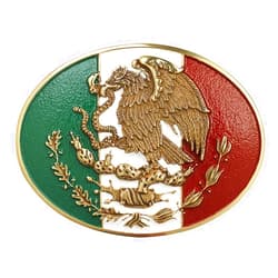 ARIAT Antique Gold Oval Buckle with Mexican Flag Colors and Gold Eagle Motif, Smooth Edge, 3-3/4