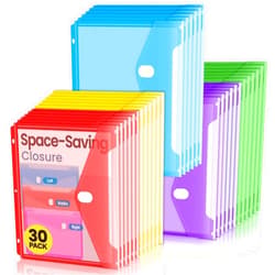 Sooez 30 Pack Binder Folders Organizer with Space-Saving Closure, Super Heavyweight Binder Pockets for 3 Ring Binder, High Capacity Binder Pouch, Side Loading, School Supplies, Letter Size, 5 Color