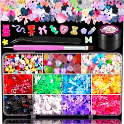 Sinyanail 3D Resin Nail Charms Mix Rabbit Flower Bear Bowknot Nail Charms Gummy Heart Lollipop Nail Rhinestones Pearls Jewelry with Nail Charm Glue and Pickup Tools(11charms with Glue)