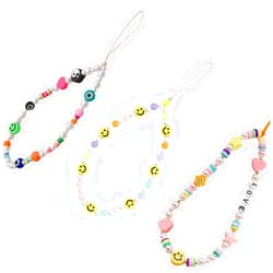 VCCKNB JEWELRY Bead Phone Chain Phone Straps Y2k Style Colorful Beaded Phone Charm Smiley Face Evil Eye Yingyang Love Heart Star Beaded Kawaii Phone Lanyard Wrist Strap (A-3PCS Colorful Phone Chains)