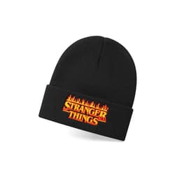 Stranger Things Unisex Beanie Hat in Black | Knitted Winter Hat with Embroidered Flames Logo for Men & Women | Adults One Size Warm Hat | Netflix TV Show Merchandise Gift