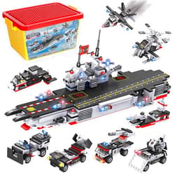 Liberty Imports 825pc Military Aircraft Carrier Fleet Construction Toy - 8-in-1 Naval Battleship Models with Navy Vehicles, Jets & More - Compatible with Lego Bricks - Storage Case Included