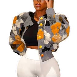 HOULENGS Women's Cropped Floral Print Bomber Jacket Long Sleeve Button Down Coat Outerwear