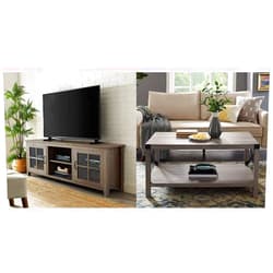 Walker Edison Portsmouth Classic 2 Glass Door TV Stand and Sedalia Modern Farmhouse Metal X Coffee Table