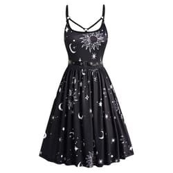FEAPHY Women's Sun Moon Star Cami Dress Sleeveless Spaghetti Strap O Ring Cutout Flared Midi Dress