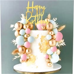 DRWATE Pink Blue Balls Cake Topper Boho Grass Cake Topper Golden Balls Happy Birthday Cake Decorations for Wedding Baby Shower Birthday Boho Themed Party Supplies (Pink Blue)
