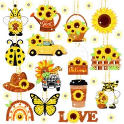 Yinkin 15 Pcs Diamond Art Keychains 5d Diamond Painting Keychain DIY Diamond Ornaments Kits Pendant for Kid Adult(Yellow Brown Sunflower)