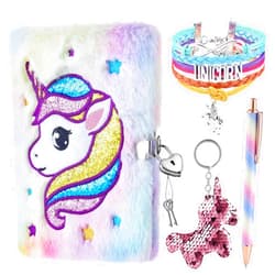 WERNNSAI Unicorn Plush Diary Set - Kids Journal Kit for Girls Private Diary Embroidery School Travel Notebook Notepad Gel Pen Key Rings Bracelets Locks Keys Birthday Christmas Gift
