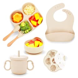 MIICASA Silicone Baby Feeding Set, Baby Led Weaning Supplies, Baby Food Tableware Silicone Suction Plate, Bowl, Spoons, Fork, Waterproof Bib, Cup & Complementary Food Cake Mold, Baby Eating Utensils