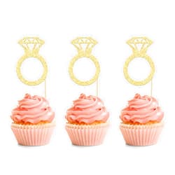 Ephlyn 24Pcs Gold Glitter Diamond Ring Donut Toppers Cupcake Picks Wedding Cake Decorations for Bridal Shower Wedding Engagement Party Decorations