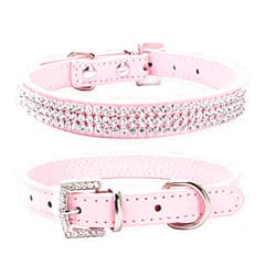 THAIN Basic Adjustable Dog Cat Collar Bling Rhinestones Shing Diamonds PU Leather with Rhinestones Buckle (XS(Length 8