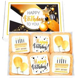 OMCookie Happy Birthday Cookies 6 PACK Gift Basket Gold for Men Women Kids | Gourmet Decorated Sugar Cookie Gift Box | Individually Wrapped Nut-Free