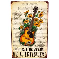 SUPERDANT Guitar Flower Metal Tin Sign Rock Music Tin Sign You Belong Among Wildflowers Guitar Metal Signs Vintage Music and Flower Signs Metal Wall Art for Man Cave Garages Bar Sign Home