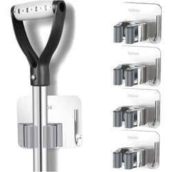 HYRIXDIRECT Broom Holder Self Adhesive No Drill Wall Mount Mop Broom Organizer with Hook Heavy Duty Stainless Steel Garden Tool Organizer Garage Storage and Organization Hanger (Silver + Grey)
