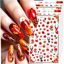 FBABFBUO Fall Nail Art Stickers Autumn Maple Leaf Nail Decals 6PCS Autumn Leaves Deer Design 3D Self-Adhesive Nail Art Decorations Supplies Fall Stickers for Nails Women Thanksgiving Day DIY Manicure Decor