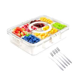 RHAFAYRE Snackle Box Container, Divided Serving Tray with Lid and Compartments, Portable Snack Platter Tray for Fruits, Candies, Vegetables, Nuts, includes Utensils