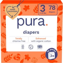 Pura Size 3 Eco-Friendly Diapers (9-20 lbs) Totally Chlorine Free (TCF),Hypoallergenic, Soft Organic Cotton, Sustainable, up to 12 Hours Leak Protection, Allergy UK,26 Count (Pack of 3) (78 Baby Diapers)