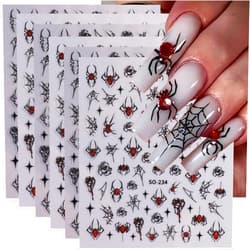 FBABFBUO Halloween Nail Stickers for Nail Art, Halloween Spider Web Spider Nail Art Stickers Decals 6PCS Red Sliver Glitter Spider Web Spider Design 3D Self-Adhesive Halloween Stickers for Nail Art Decorations