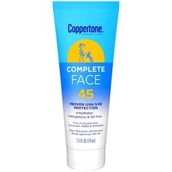 Coppertone Complete Face Sunscreen Lotion SPF 45, Weightless and Oil-Free, Water Resistant Sunscreen with Proven UVA/UVB Protection, 2.5 Fl Oz Tube