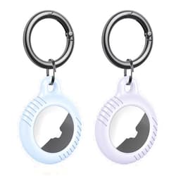 FINTIE Silicone Case for AirTags Tracker with Keychain, Portable Anti-Scratch Protective Skin Cover Compatible with Apple AirTags 2021 Finder for Dogs Keys Backpacks - Blue+Lilac Purple (Pack of 2)