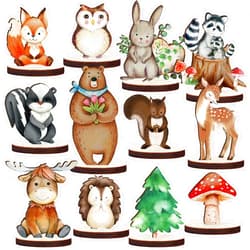 Geetery 12 Pcs Woodland Animals Wooden Animal Cutout Shapes Forest Painted Woodland Baby Shower Decorations Woodland Creatures Wood Table Centerpieces for Woodland Camp Party Supplies (Cute)