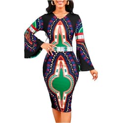 SxClub Women Sexy Dresses Bodycon Church 3/4 Sleeve African Print Pencil Party Office Dress Work with Split