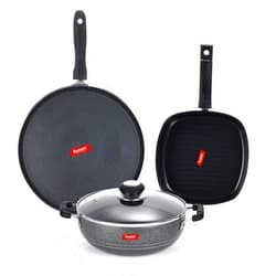 SUMEET NonStick Cawl Cookware Set (Dosa Tawa - 26.5Cm Dia Kadhai with Glass Lid -2Ltr - 22Cm Grill Pan)