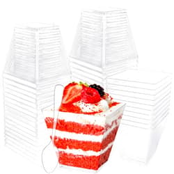 Alaeseje 100 Pack 3.5 oz Plastic Dessert Cups with Spoons,Clear Square Mini Dessert Cups,Small Tumbler Appetizer Cups Parfait Cups for Desserts,Mousse,Puddings,Party Supplies