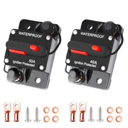 Tiwerlfe 40A & 50A Circuit Breaker Manual Reset Waterproof Inline Fuse Inverter for Car ATV Marine Trolling Motors Boat Power Protect 12V-48V DC, with Wire Lugs Copper Washer Screw