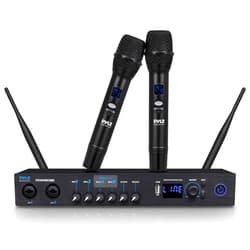 Pyle UHF Wireless Microphone System - Portable Digital Audio Sound Mixer Receiver w/Bluetooth, 2 Handheld Mic, Receiver Base, Addressable Frequency, Great for Home Karaoke & Professional Use, Black