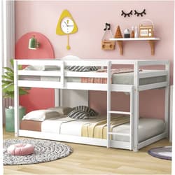 CNANXU Twin Low Bunk Bed,Twin Loft Bed with Ladder for Boys and Girls, Wood Twin Over Twin Bunk Bed Frame with Full Length Guardrail, Multifunctional Design,Wooden Slat Support (White)