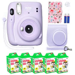 Fujifilm Instax Mini 11 Instant Camera Lilac Purple + Custom Case + Fuji Instax Film Value Pack (50 Sheets) Flamingo Designer Photo Album