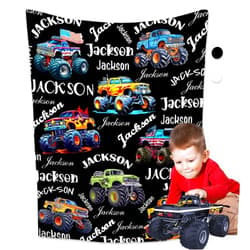 Buyyet Personalized Custom Baby Trucks Fleece Flannel Gift Blanket with Name Lightweight Soft Throw Blanket Cute Cozy Blanket for Bed Couch Travel Outdoor 40''x 50'' for Kids/Child