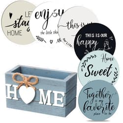 Queekay Housewarming Gifts for Home Decoration Wooden Heart Coasters for Drinks 6 Set Farmhouse Coasters with Holder Funny for Family Coffee Table Protection, 4''(Gray Blue)