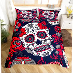 Feelyou Gothic Skull Duvet Cover Death Skull Floral Comforter Cover Set King Size, Sugar Skull Bedding Set for Boys Girls Adults,Death Skeleton Decor Black Red Rose Bedding,1Duvet Cover 2 Pillow Shams