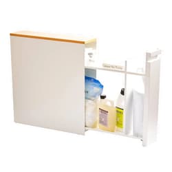 YAMAZAKI Home Pull-Out Bathroom Storage Cabinet – Slim Bathroom Storage Cabinet with Wood Top, Steel Organizer for Toilet Paper and Cleaning Supplies, Modern Space-Saving Design, White - Steel + Wood