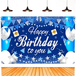 GBAONSTR Happy Birthday Decorations Banner Sign,Blue Happy Birthday Backdrop,Birthday Party Supplies Photo Background for Men Women,70.8 x 45.3 Inch(Navy Blue and Silver)