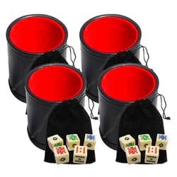 Cyber-Deals Black PU Leather Red Felt Lined Dice Cup with Ivory Tone Poker Dice in Storage Pouch Set (4 Sets)