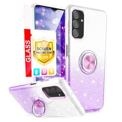 TJS Compatible with Samsung Galaxy A14 5G Case, with Tempered Glass Screen Protector, Metal Ring Magnetic Support Kickstand Tone Shinny Glitter for Girls Women Phone Case (Purple)
