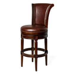 Maven Lane Pullman 31 Inch Tall Bar Height Upholstered Barstool with Back in Dark Walnut Finish with Vintage Brown Vegan Leather Cushion Seat