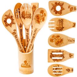 Homyplaza Wooden Spoons for Cooking 5PCS Sunflowers Gift Kitchen Decor Engraved Cooking Utensils Set, Kitchen Cooking Supplies, Bamboo Spoon Slotted Kitchen Housewarming Gift