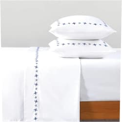 PANDATEX 400TC 100% Cotton Sateen Full Size Sheets, 4 Piece Hotel Luxury Sheets with 16'' Deep Pocket, Daisy Embroidered Breathable Bedding Set, Blue on White