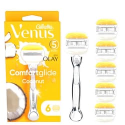 Gillette Venus Comfortglide with Olay Coconut Womens Razor Handle + 6 Blade Refills, Silver