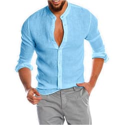 Generic Men's Linen Shirts Long Sleeve Casual Button Down Shirts Untucked Shirts for Men Banded Collar Muscle Dress Shirt