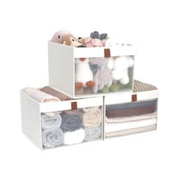 StorageWorks Closet Storage Bins with Clear Window and 2 Handles, Foldable Storage Baskets for Shelves, Extra Large Fabric Organizer, Beige, 3 Pack