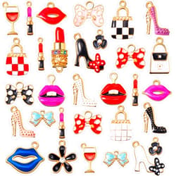 Jetec 50 Pieces Enamel Charms for Bracelet Jewelry Making Women Makeup Earrings Lipstick Craft Pendant High Heel Designer Charms Mixed Gold Plated Wallet Flower Bow Charms for DIY Necklace