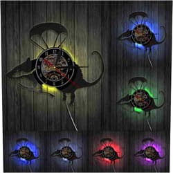 Generic Banksy Rat Wall Art Flying Helicopter Rat Vinyl Record Wall Clock Cute Paratrooper Mouse Decorative Wall Watch Home Decor Clock with LED