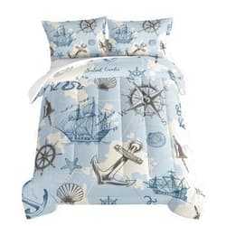 HOSIMA Anchor Nautical Bedding Kids Comforter Set Full Size,Compass Whale Sailing Shell Print Bed Sets for Girls Boys Room Decor,Grey Comforter Full Bedding Set with 2 Pillowcases.